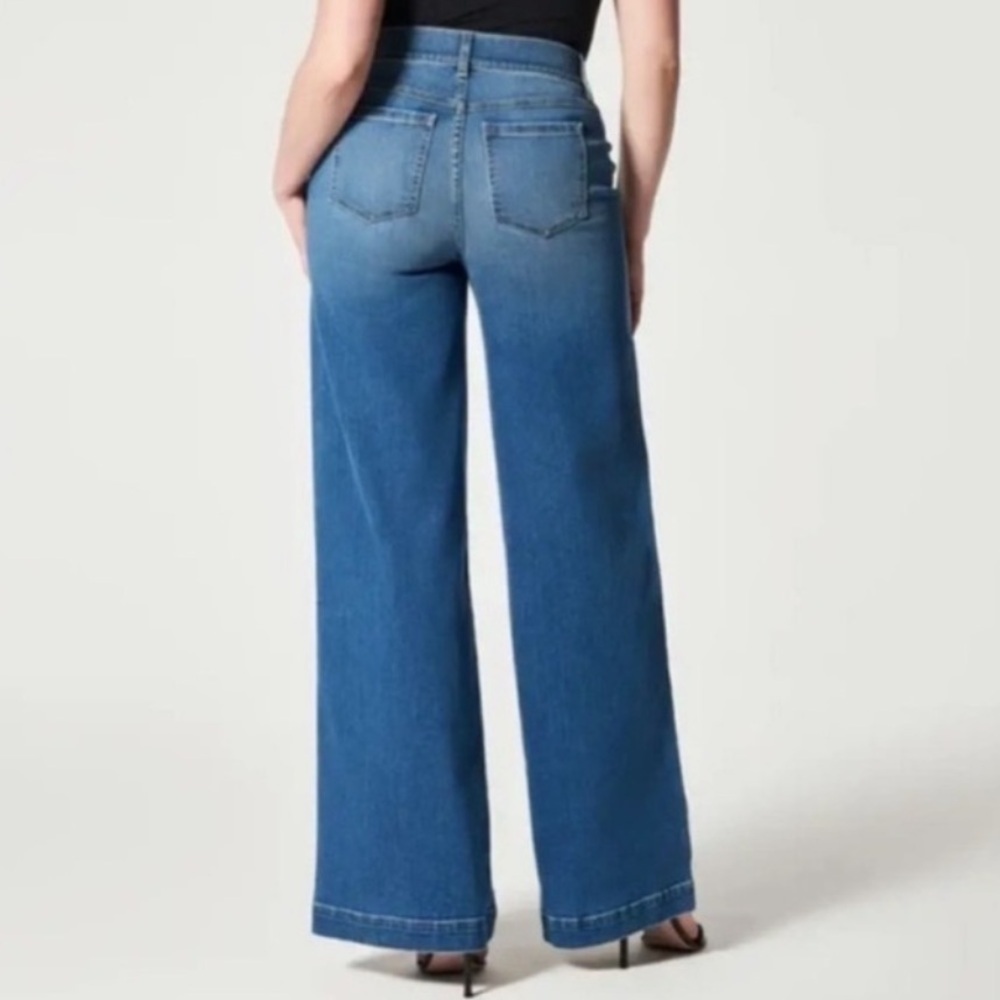 SPANX Wide Leg Front Seam Vintage Blue Denim Jeans Pull On Medium - Picture 2 of 6